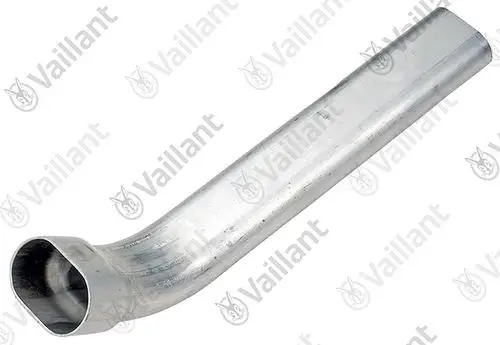 Vaillant Abgasrohr mit gebogenem Ende und quadratischer Öffnung. Hergestellt aus Metall, geeignet für Heizungs- oder Abgasanlagen.